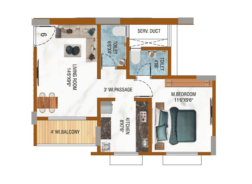Floor plan of 1 BHK 398 Sq. Ft. Apartment in Amber Elite, Thane