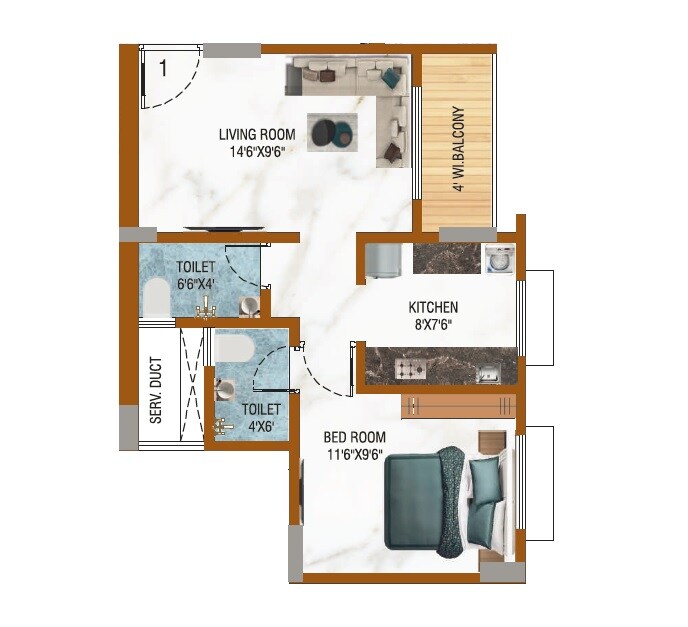 Floor plan of 1 BHK 450 Sq. Ft. Apartment in Amber Elite, Thane