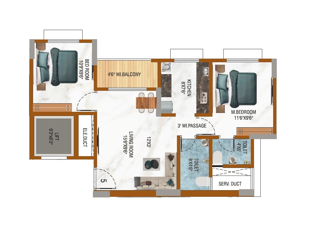 Floor plan of 2 BHK 600 Sq. Ft. Apartment in Amber Elite, Thane