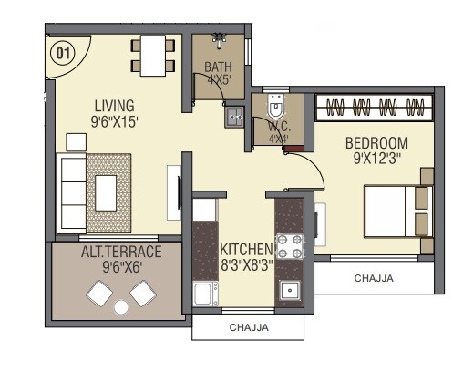Floor plan of 1 BHK 493 Sq. Ft. Apartment in Amber One, Thane