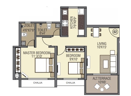 Floor plan of 2 BHK 663 Sq. Ft. Apartment in Amber One, Thane