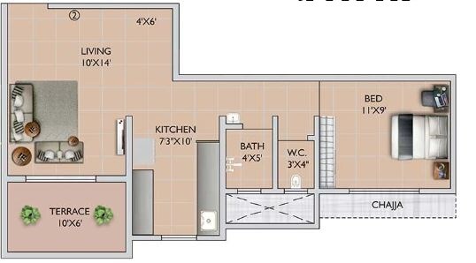 Floor plan of 1 BHK 388 Sq. Ft. Apartment in Amber Tara, Thane