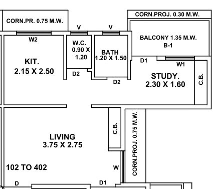 Floor plan of 2 BHK 369 Sq. Ft. Apartment in Ameya Panvelkar Daffodil 24 25 27, Thane