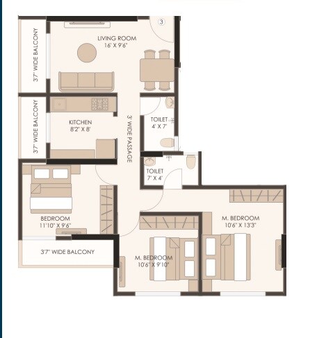 Floor plan of 3 BHK 813 Sq. Ft. Apartment in AMI Bellevue, Thane