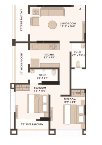 2 BHK 680 Sq. Ft. Apartment