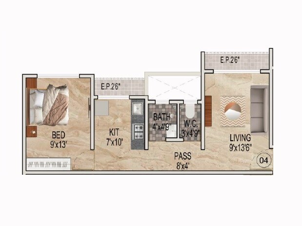Floor plan of 1 BHK 412 Sq. Ft. Apartment in AMI Navkar Bahar, Thane