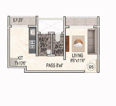 Floor plan of 395 Sq. Ft. Studio in AMI Navkar Bahar, Thane