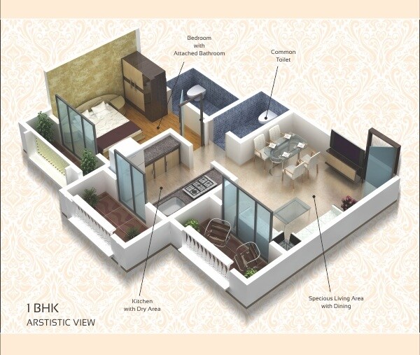 Floor plan of 1 BHK 620 Sq. Ft. Apartment in Ami Pink City, Thane