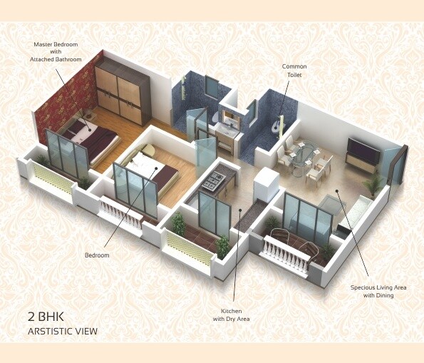 Floor plan of 2 BHK 1128 Sq. Ft. Apartment in Ami Pink City, Thane