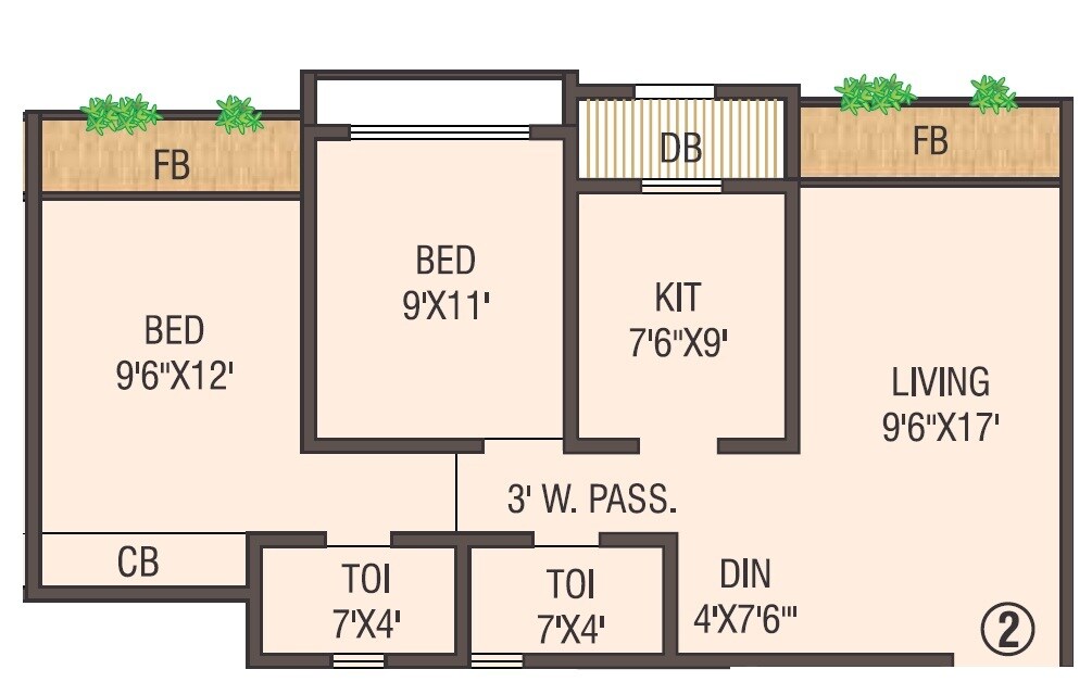 Floor plan of 2 BHK 614 Sq. Ft. Apartment in Amisha Empire, Thane