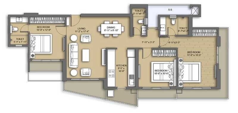 3 BHK 885 Sq. Ft. Apartment