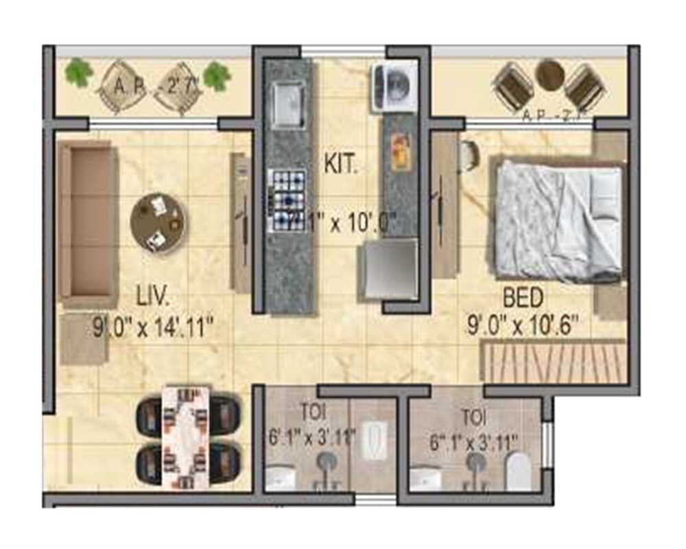 Floor plan of 1 BHK 385 Sq. Ft. Apartment in Anandi Madhukar Heritage, Thane