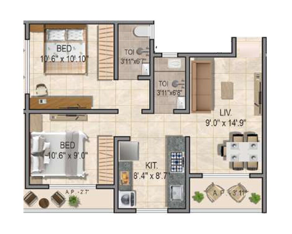 Floor plan of 2 BHK 527 Sq. Ft. Apartment in Anandi Madhukar Heritage, Thane