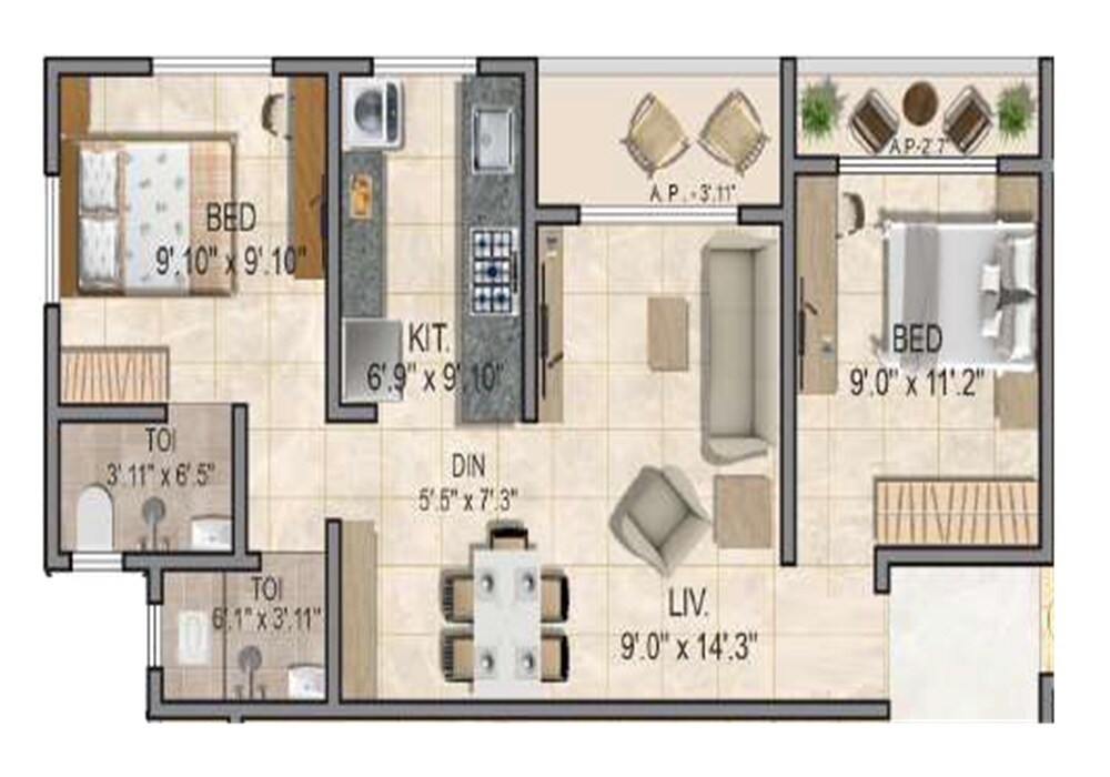 Floor plan of 2 BHK 561 Sq. Ft. Apartment in Anandi Madhukar Heritage, Thane