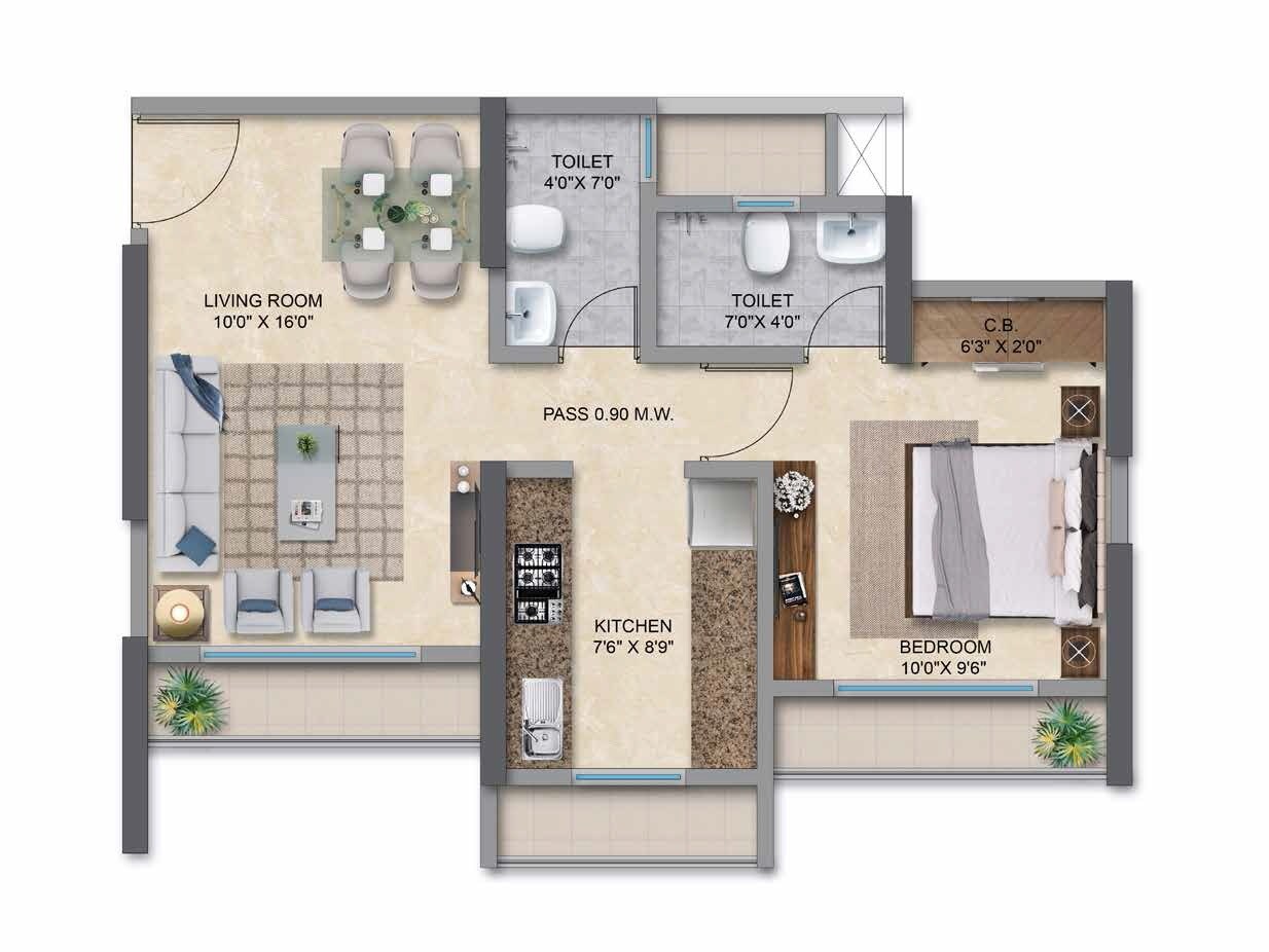 Floor plan of 1 BHK 398 Sq. Ft. Apartment in Anant Metropolis Insignia Towers, Thane