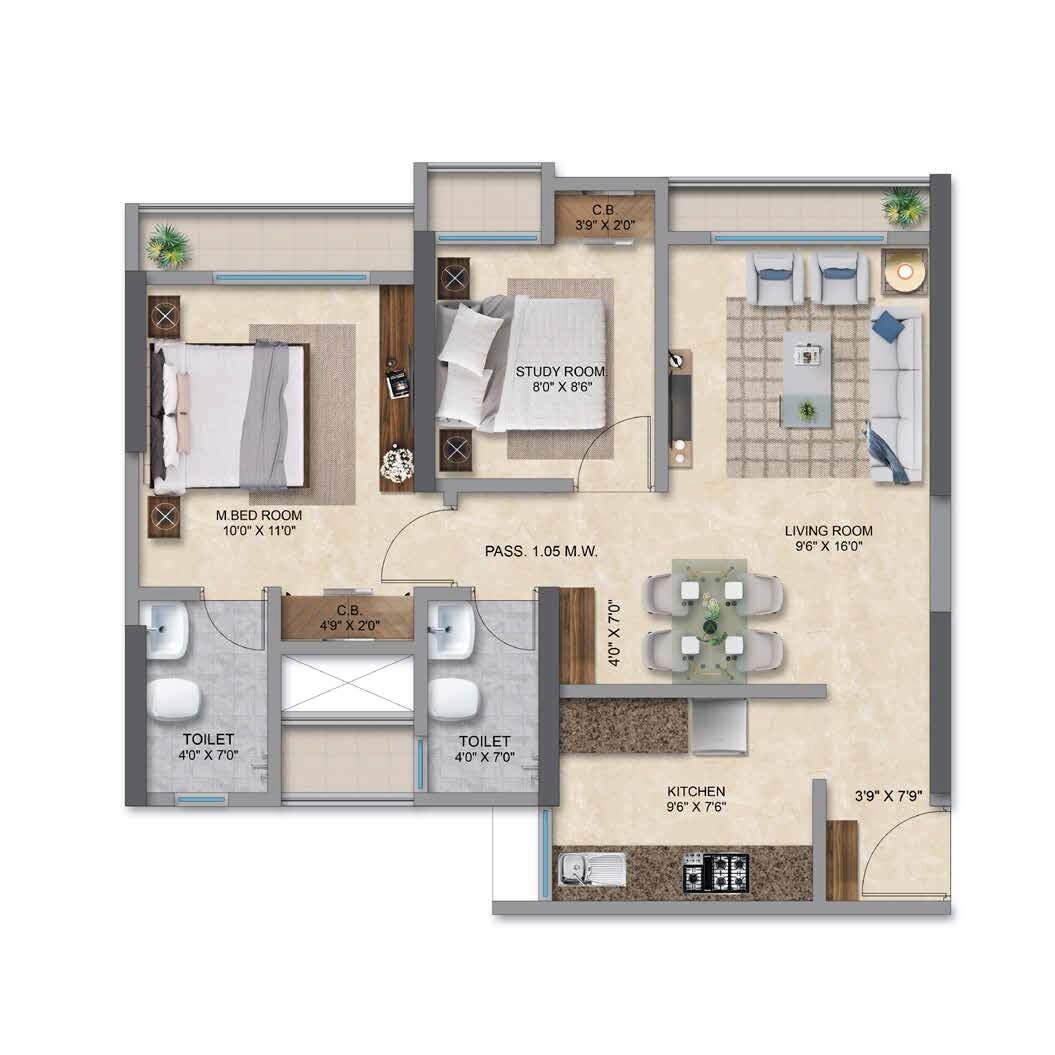 Floor plan of 2 BHK 666 Sq. Ft. Apartment in Anant Metropolis Insignia Towers, Thane