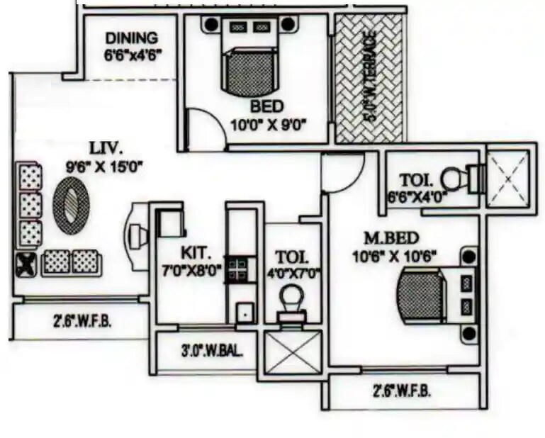 Floor plan of 2 BHK 506 Sq. Ft. Apartment in Anant Prakash Pratima, Thane