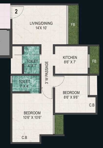 Floor plan of 2 BHK 608 Sq. Ft. Apartment in Anantnath And Agasan, Thane