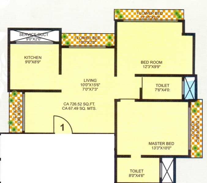 Floor plan of 2 BHK 726 Sq. Ft. Apartment in Annapurna Avenue, Thane