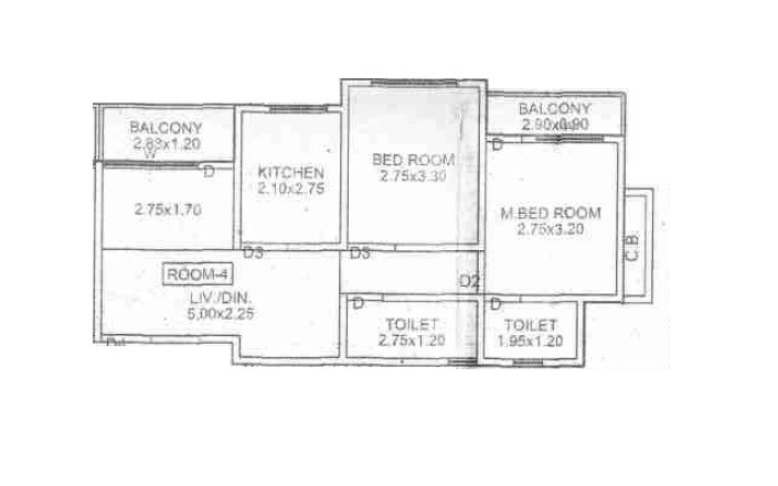 Floor plan of 2 BHK 536 Sq. Ft. Apartment in Annapurna Jyoti, Thane