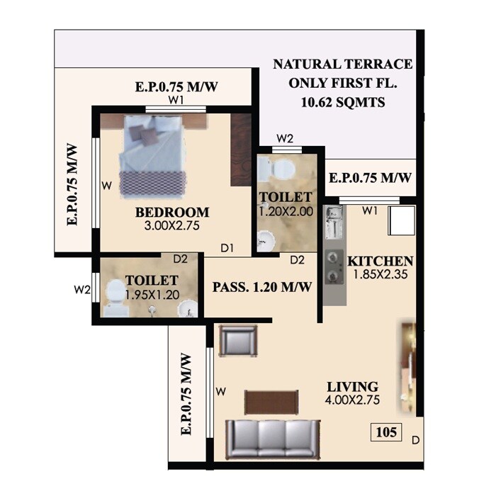 Floor plan of 1 BHK 308 Sq. Ft. Apartment in Annapurna Sai Omkar Square, Thane