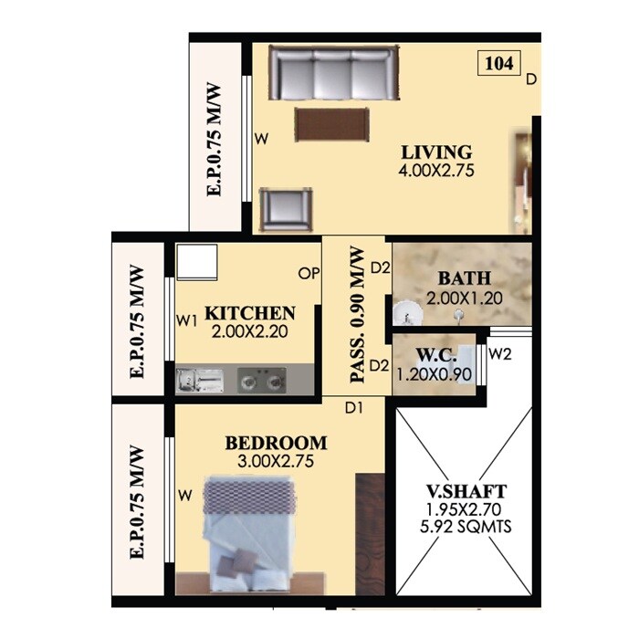 Floor plan of 1 BHK 400 Sq. Ft. Apartment in Annapurna Sai Omkar Square, Thane