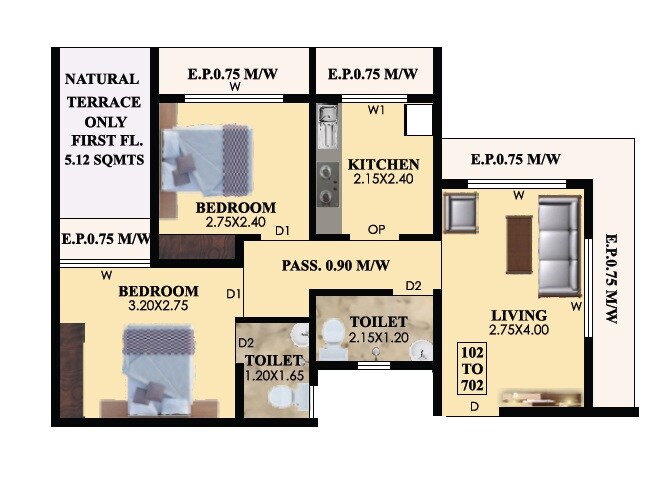 Floor plan of 2 BHK 443 Sq. Ft. Apartment in Annapurna Sai Omkar Square, Thane