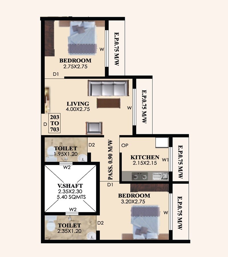 Floor plan of 2 BHK 456 Sq. Ft. Apartment in Annapurna Sai Omkar Square, Thane