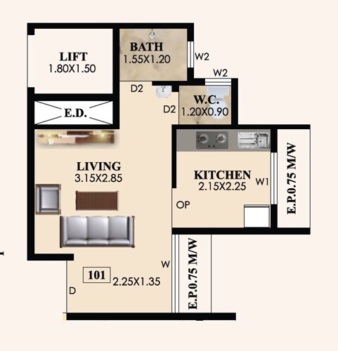 Floor plan of 235 Sq. Ft. Studio in Annapurna Sai Omkar Square, Thane