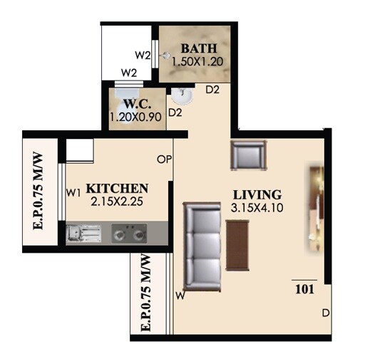 Floor plan of 245 Sq. Ft. Studio in Annapurna Sai Omkar Square, Thane