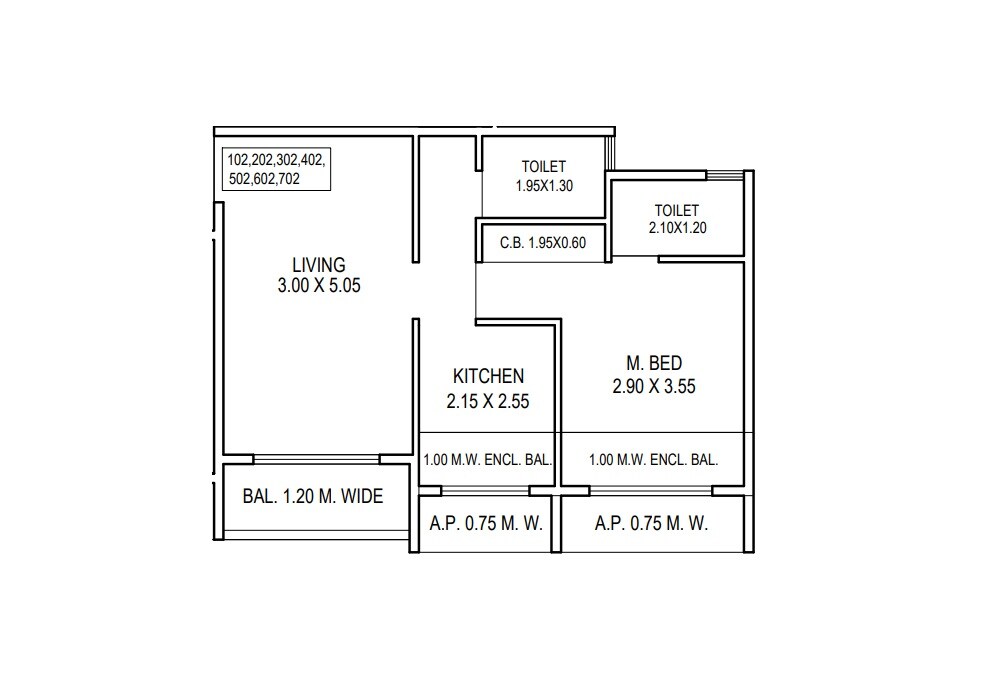 Floor plan of 1 BHK 419 Sq. Ft. Apartment in Apurvaditi Om Siddhivinayak Residency, Thane