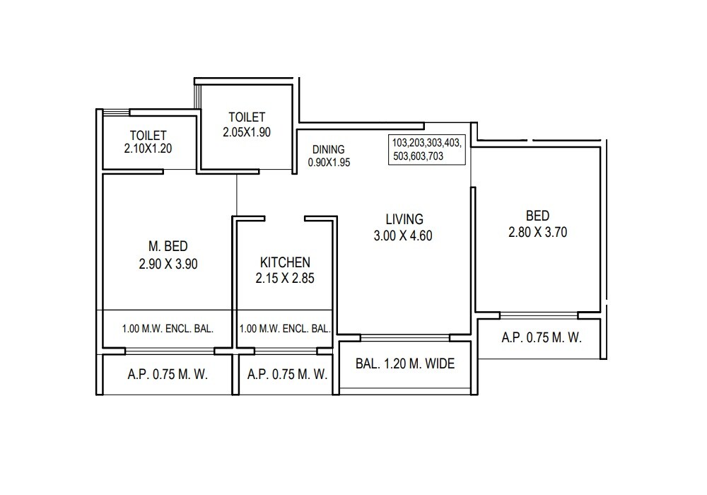 Floor plan of 2 BHK 529 Sq. Ft. Apartment in Apurvaditi Om Siddhivinayak Residency, Thane