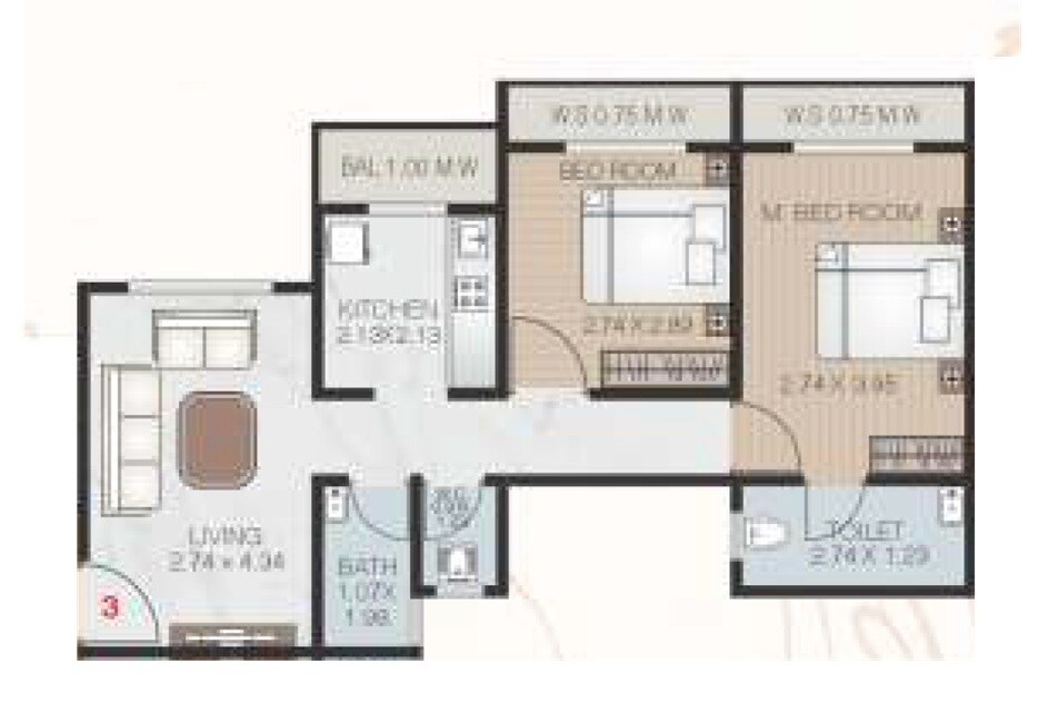 Floor plan of 2 BHK 535 Sq. Ft. Apartment in AR Ashok Vatika, Thane