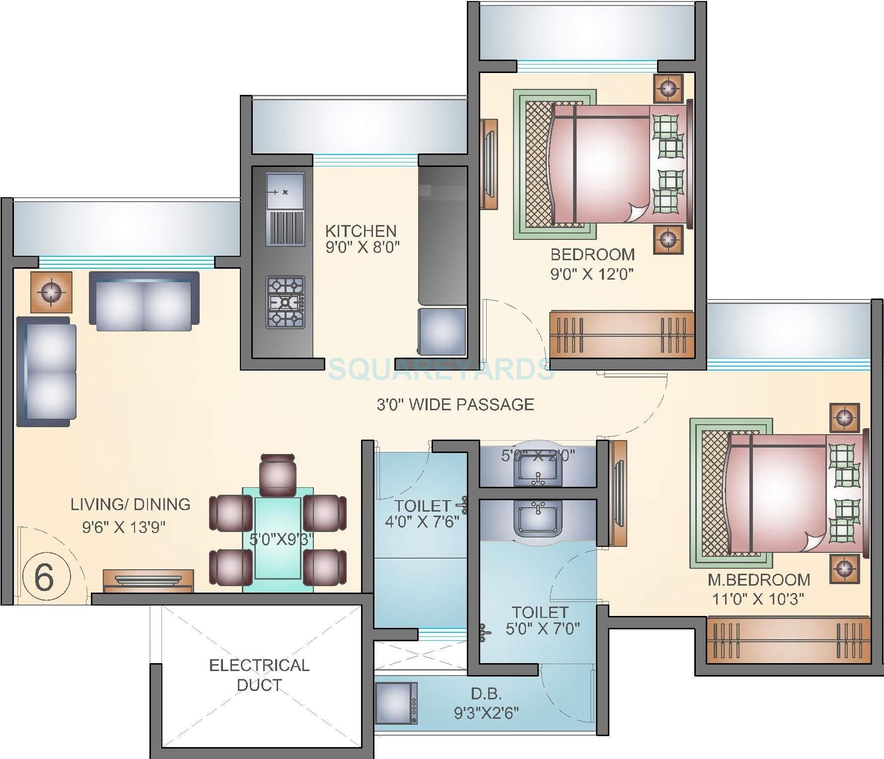 Floor plan of 2 BHK 536 Sq. Ft. Apartment in Arihant Aarohi, Thane
