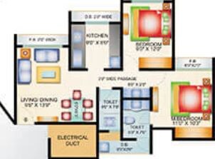 Floor plan of 2 BHK 536 Sq. Ft. Apartment in Arihant Aarohi Phase 1, Thane