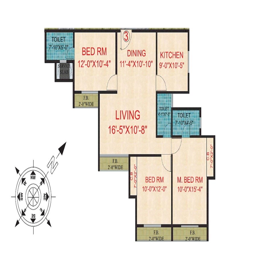 Floor plan of 3 BHK 1100 Sq. Ft. Apartment in Arihant Aarohi Phase 1, Thane