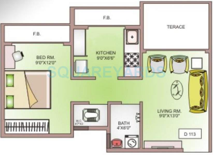 Floor plan of 1 BHK 615 Sq. Ft. Apartment in Arihant Aksh, Thane