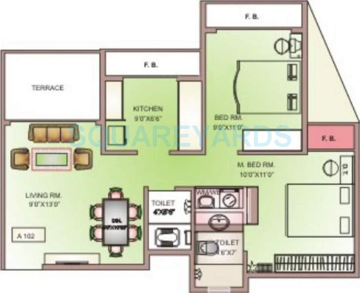 Floor plan of 2 BHK 930 Sq. Ft. Apartment in Arihant Aksh, Thane