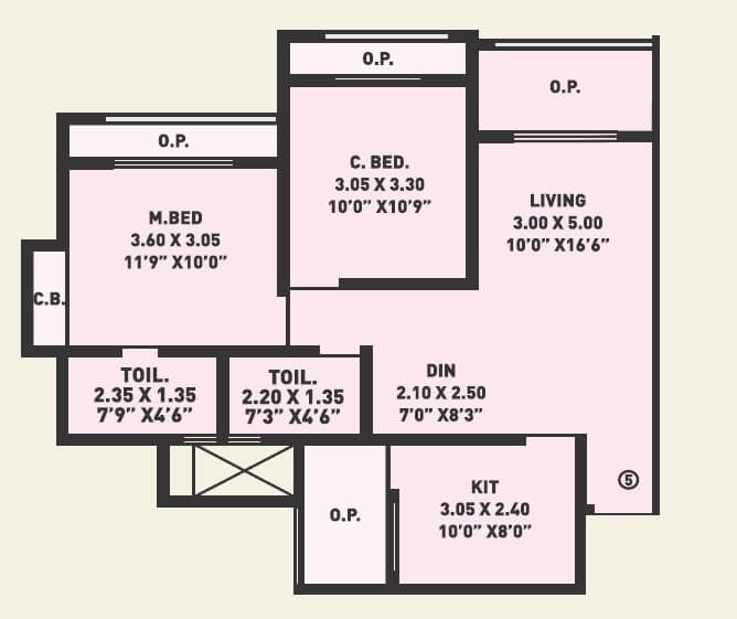 Floor plan of 2 BHK 668 Sq. Ft. Apartment in Arihant City Phase 2, Thane