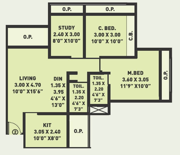 Floor plan of 2 BHK 801 Sq. Ft. Apartment in Arihant City Phase 2, Thane