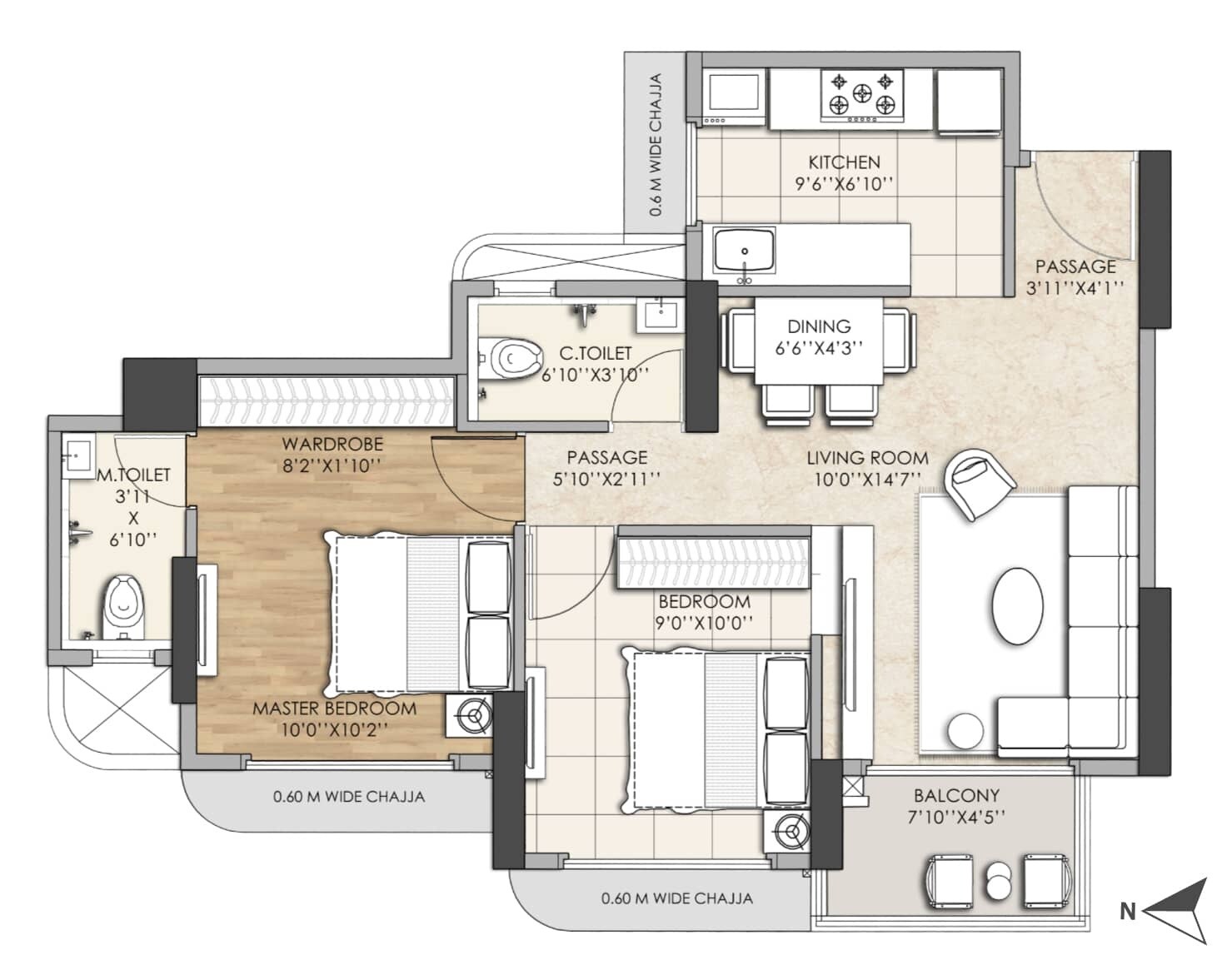 Floor plan of 2 BHK 586 Sq. Ft. Apartment in Arista Skyline, Thane