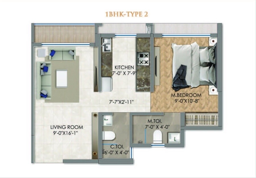 Floor plan of 1 BHK 413 Sq. Ft. Apartment in Aristone The Hyde Park, Thane