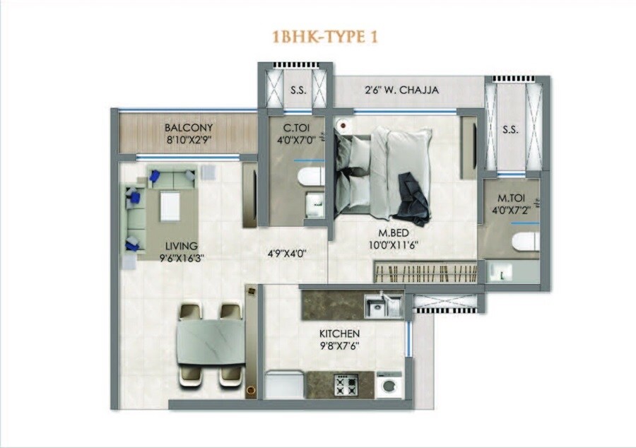 Floor plan of 1 BHK 465 Sq. Ft. Apartment in Aristone The Hyde Park, Thane