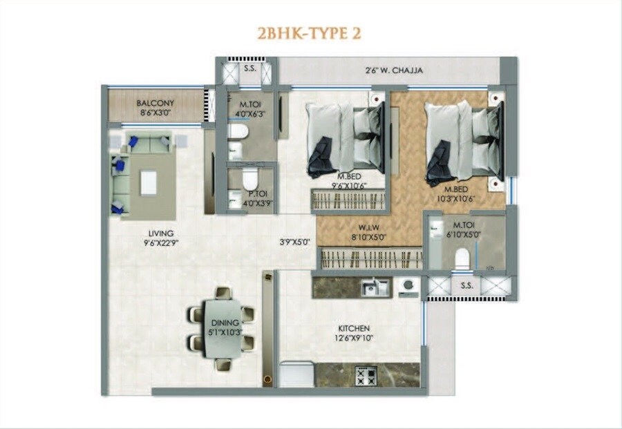 Floor plan of 2 BHK 805 Sq. Ft. Apartment in Aristone The Hyde Park, Thane