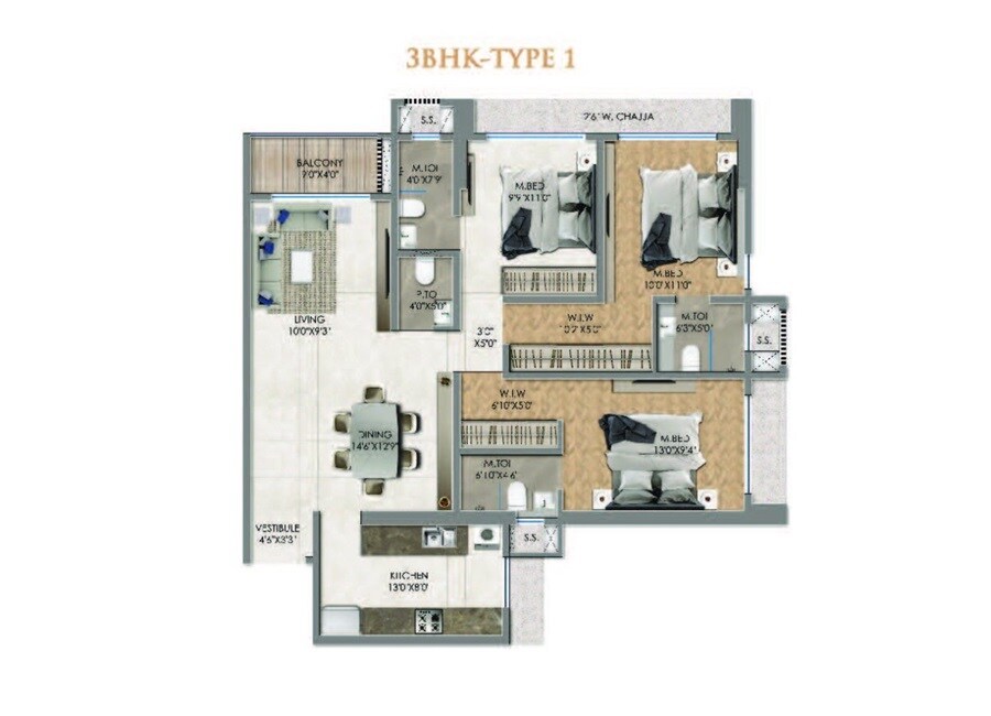 Floor plan of 3 BHK 1060 Sq. Ft. Apartment in Aristone The Hyde Park, Thane