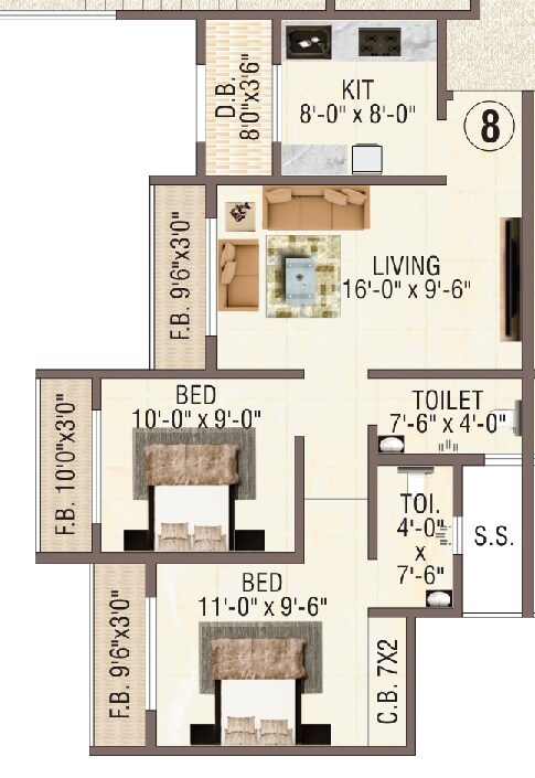 Floor plan of 2 BHK 689 Sq. Ft. Apartment in Aristone Vasudev Paradise, Thane
