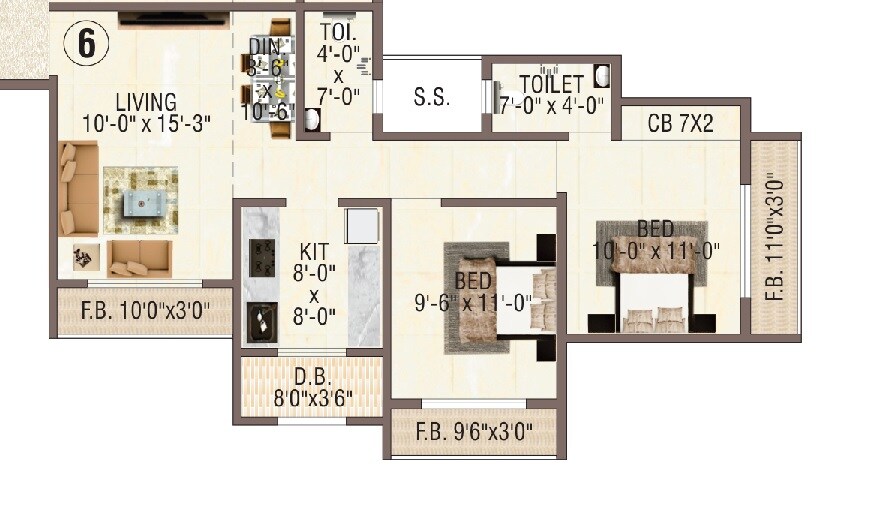 Floor plan of 2 BHK 750 Sq. Ft. Apartment in Aristone Vasudev Paradise, Thane
