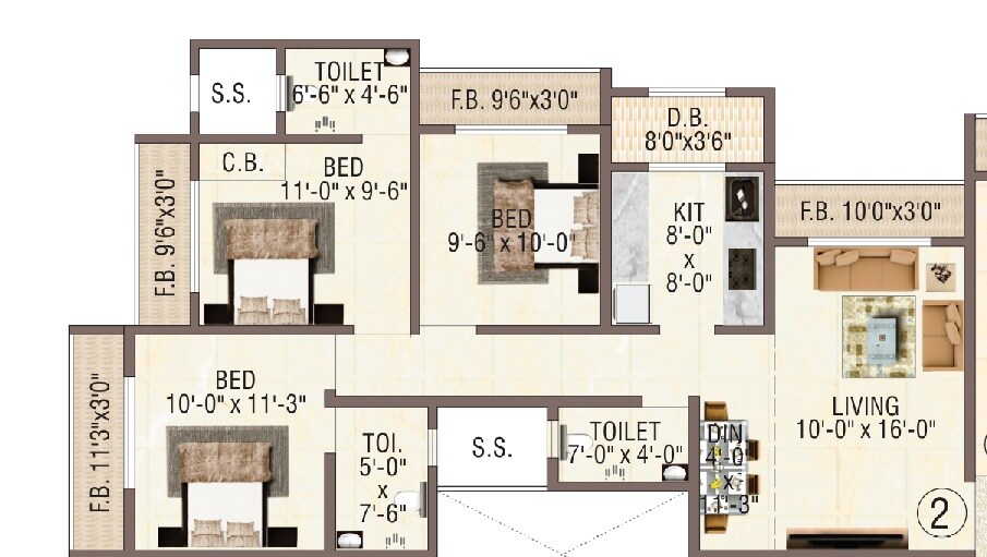 Floor plan of 3 BHK 958 Sq. Ft. Apartment in Aristone Vasudev Paradise, Thane