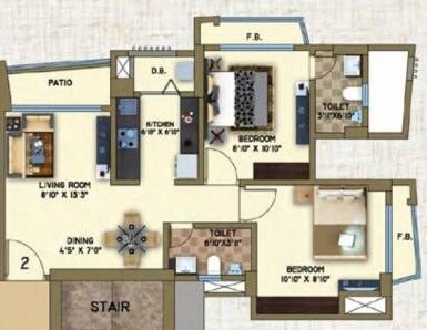 Floor plan of 2 BHK 634 Sq. Ft. Apartment in Arkade Art, Thane