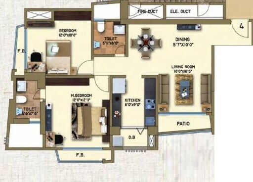 Floor plan of 2 BHK 713 Sq. Ft. Apartment in Arkade Art, Thane